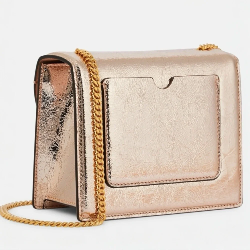 Oscar de la Renta Tro Rose Gold Metallic Crinkle Leather Mini Chain Shoulder Bag